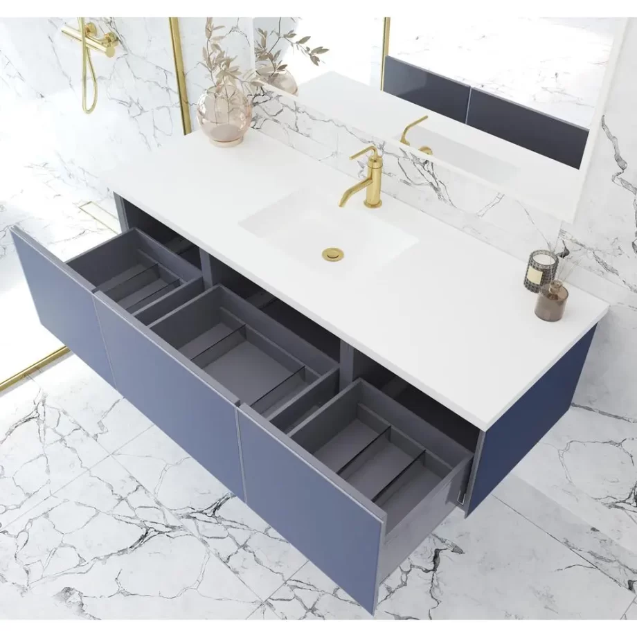 Vitri 60 - Nautical Blue Single Sink Cabinet + Matte White VIVA Stone Solid Surface Center Sink Countertop