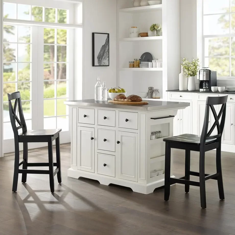 Julia Stainless Steel Top Island W/X-Back Stools White/Black - Island & 2 Stools