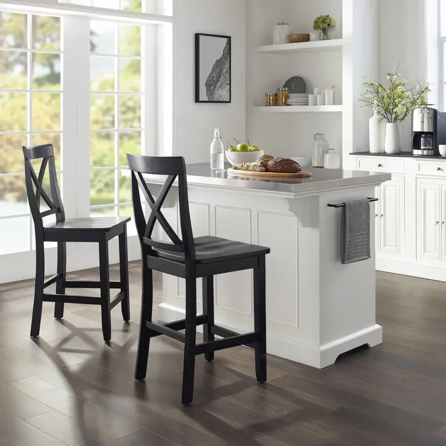 Julia Stainless Steel Top Island W/X-Back Stools White/Black - Island & 2 Stools