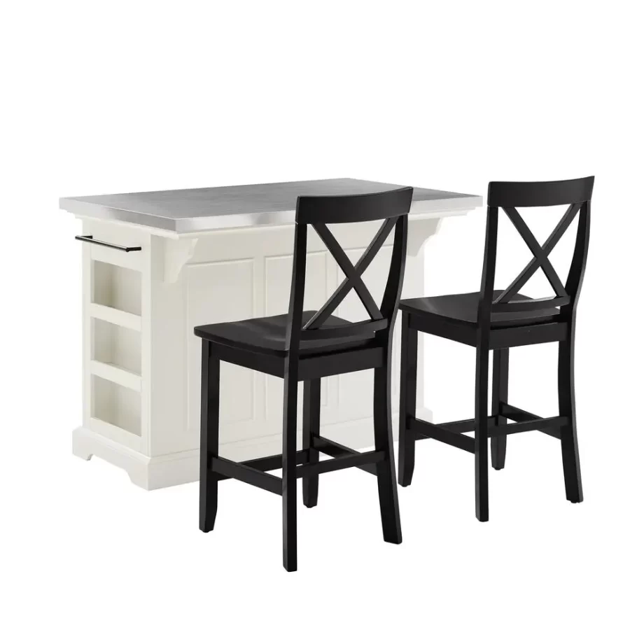 Julia Stainless Steel Top Island W/X-Back Stools White/Black - Island & 2 Stools