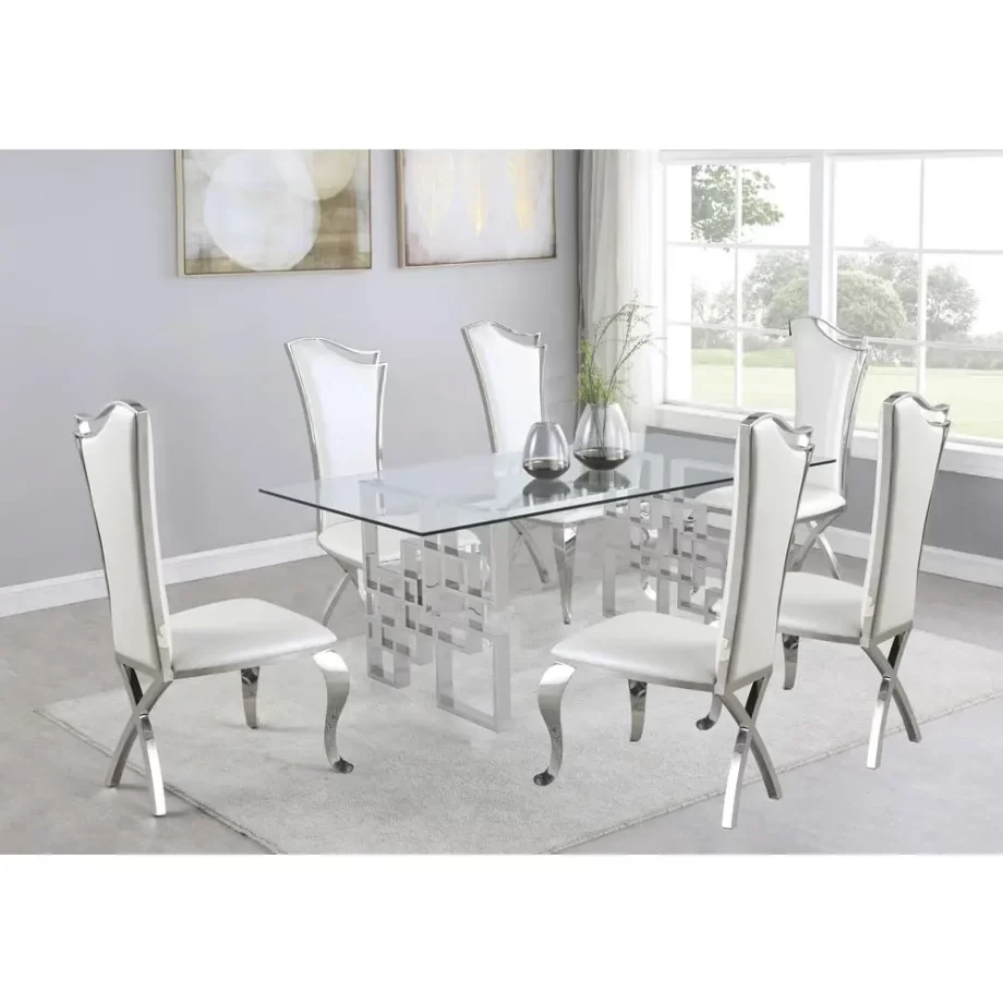 7-Piece Dining Set with Stainless Steel-Legged Dining Chairs in White Faux Leather