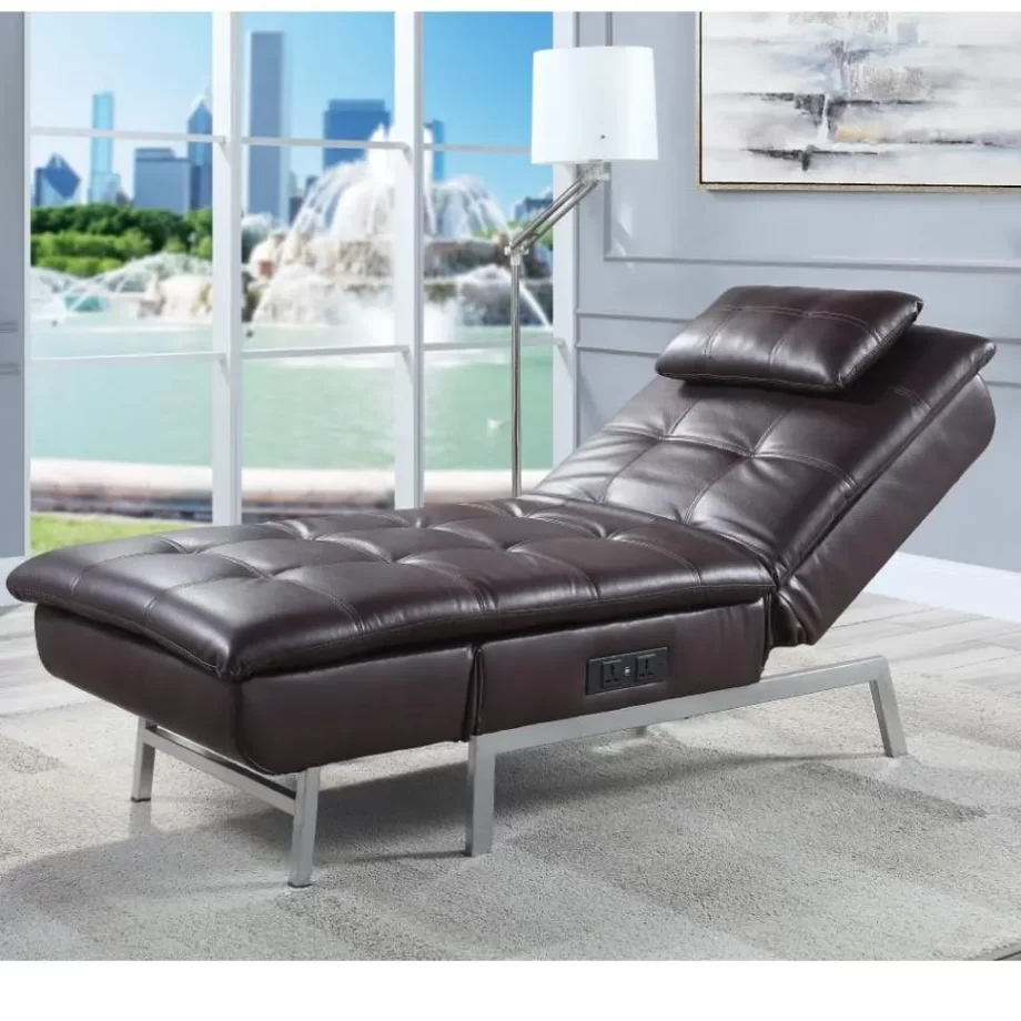 ACME Padilla Chaise Lounge w/Pillow & USB Port, Brown Fabric