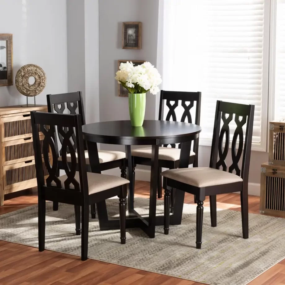 Sand Fabric Upholstered and Dark Brown Finished Wood 5-Piece Dining Set