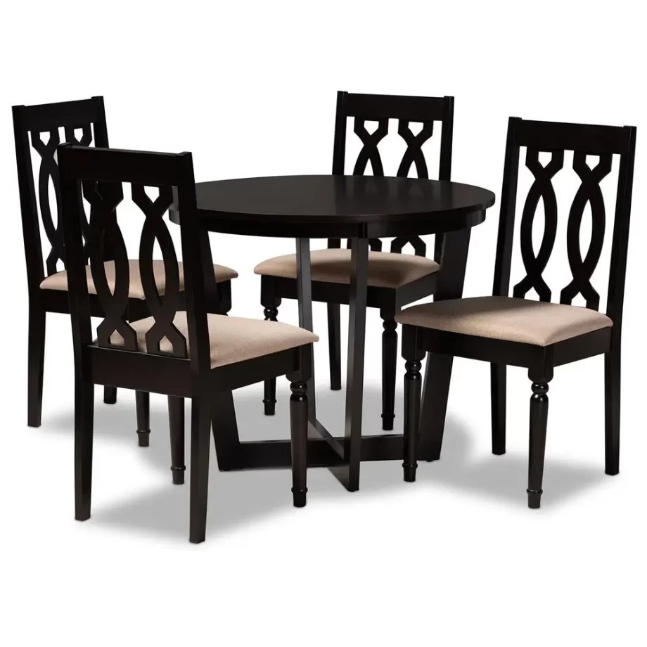 Sand Fabric Upholstered and Dark Brown Finished Wood 5-Piece Dining Set