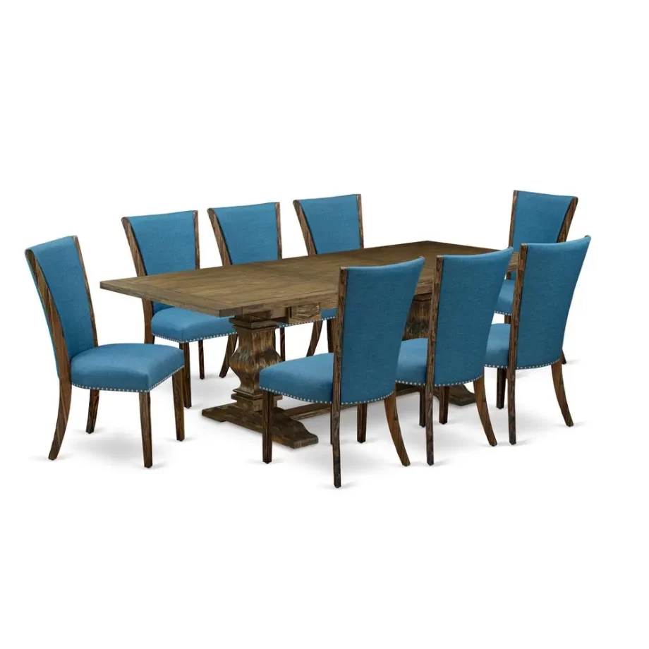 East West Furniture LAVE9-77-21 9Pc Kitchen Table Set Contains a Dining Table and 8 Parsons Dining Chairs with Blue Color Linen Fabric, Distressed Jacobean Finish