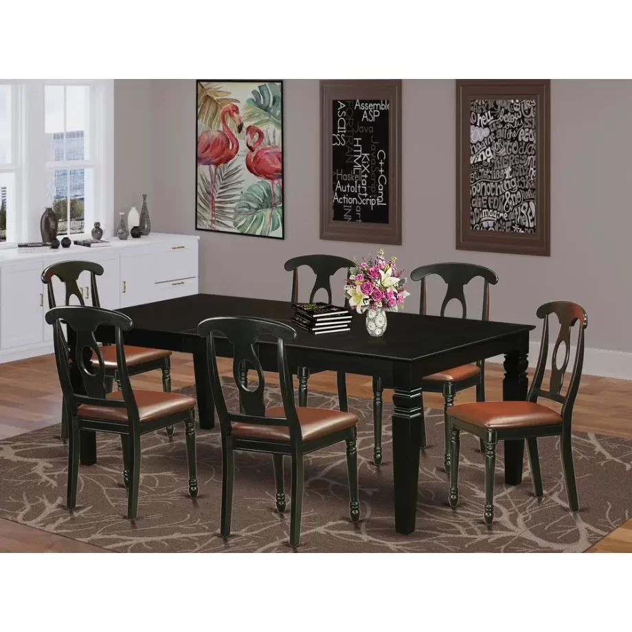 7 Pc Dining set with a Dining Table and 6 Leather Kitchen Chairs in Black