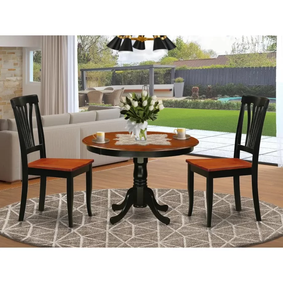 3 Pc set with a Round Table and 2 Wood Dinette Chairs in Black and Cherry