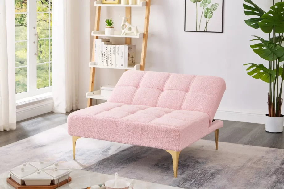 Convertible single sofa bed futon with gold metal legs teddy fabric (Pink)