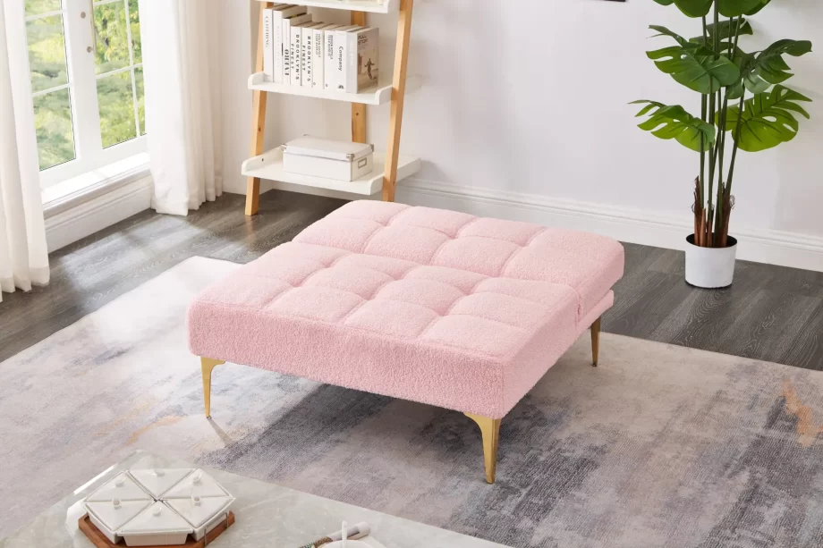 Convertible single sofa bed futon with gold metal legs teddy fabric (Pink)