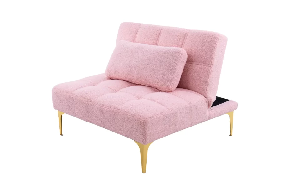 Convertible single sofa bed futon with gold metal legs teddy fabric (Pink)