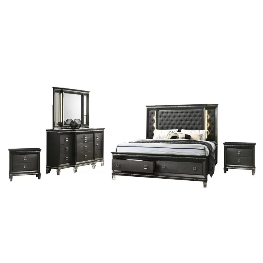 5PC California King Bedroom Set: 1 Panel Bed, 2 Night Stands, 1 Dresser with 8 Drawers and Two Jewelry Drawers, and 1 Mirror