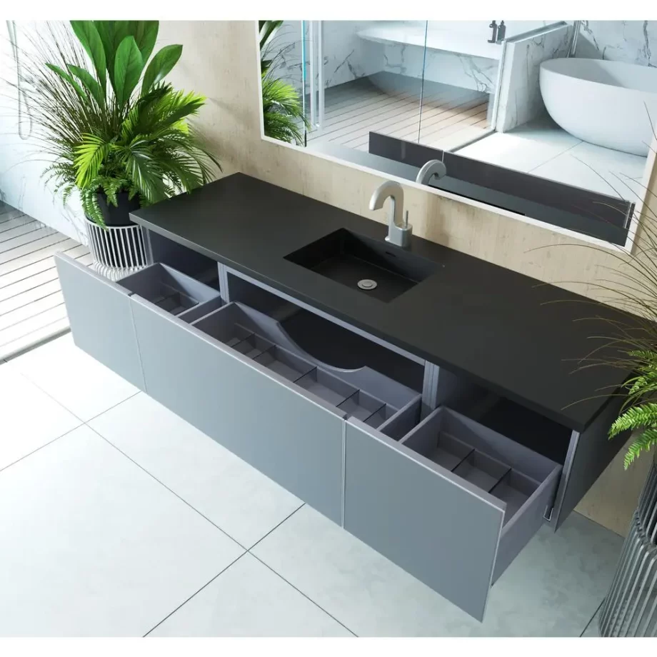 Vitri 72 - Fossil Grey Single Sink Cabinet + Matte Black VIVA Stone Solid Surface Center Sink Countertop