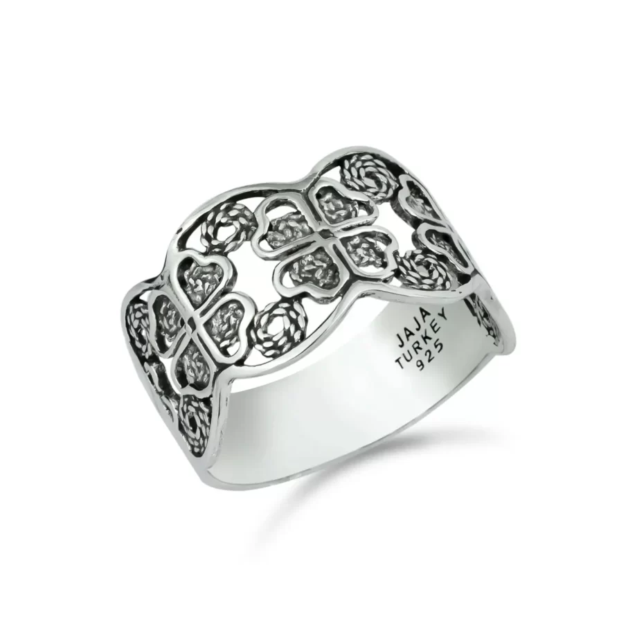 Luck and Elegance: Filigree Art Sterling Silver Women Four Clover Band Ring