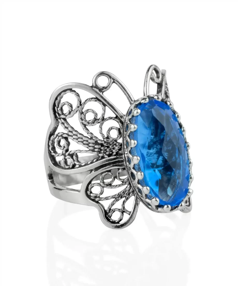 Filigree Art Blue Quartz Gemstone Butterfly Design Women Silver Cocktail Ring