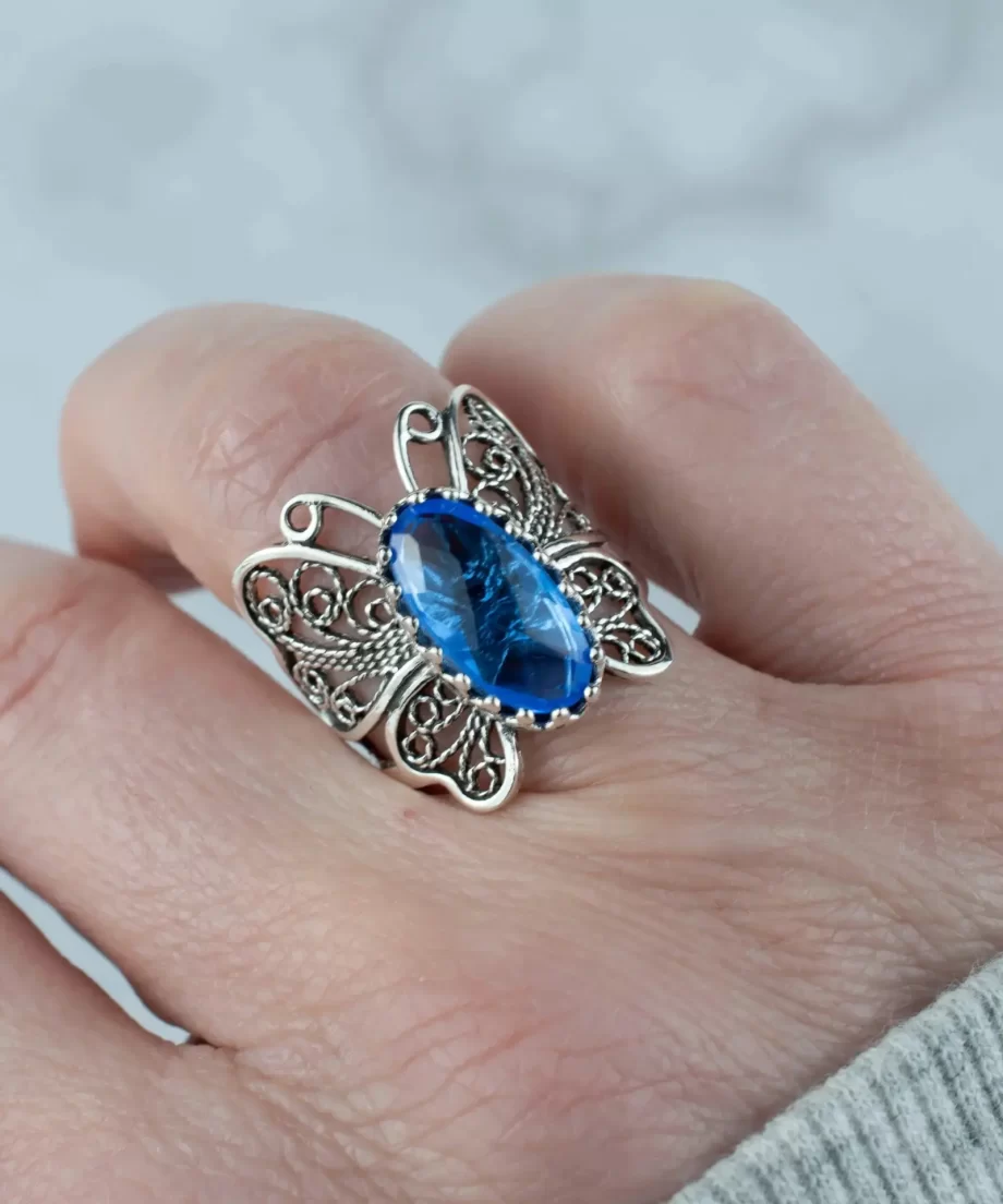 Filigree Art Blue Quartz Gemstone Butterfly Design Women Silver Cocktail Ring