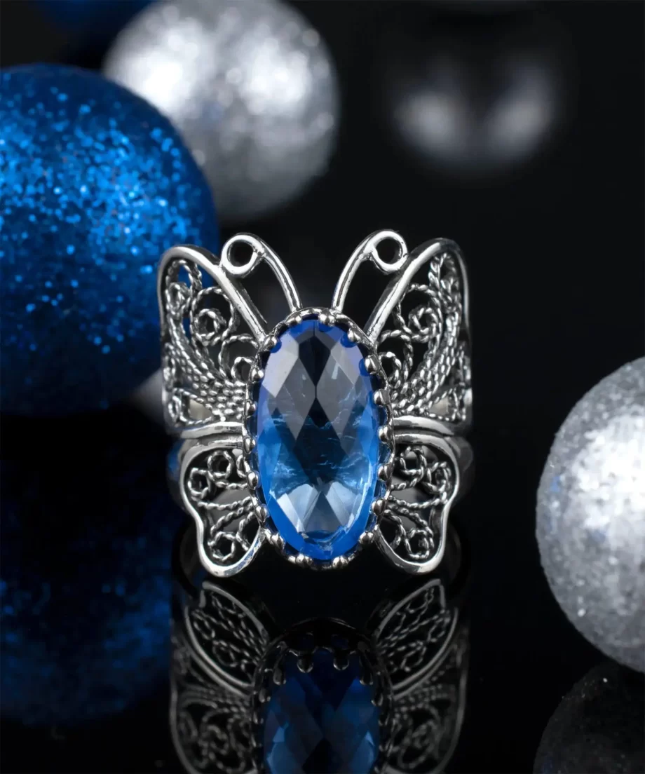 Filigree Art Blue Quartz Gemstone Butterfly Design Women Silver Cocktail Ring