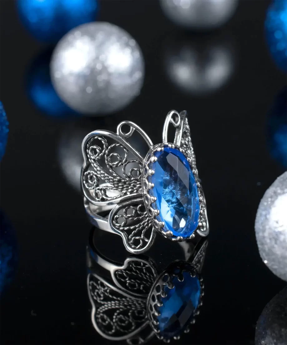 Filigree Art Blue Quartz Gemstone Butterfly Design Women Silver Cocktail Ring