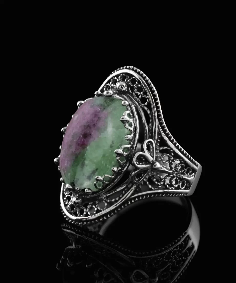 Ruby Zoisite Gemstone Filigree Art Woman Silver Statement Ring