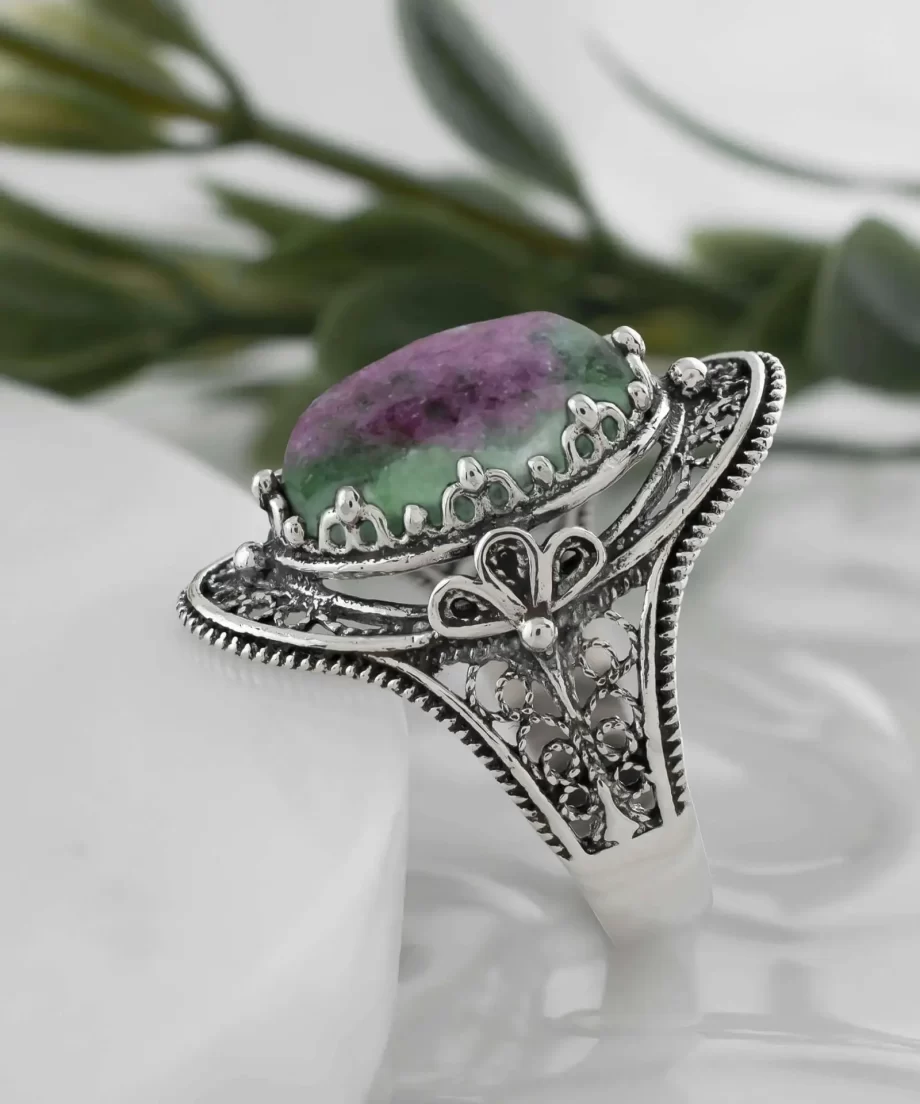 Ruby Zoisite Gemstone Filigree Art Woman Silver Statement Ring