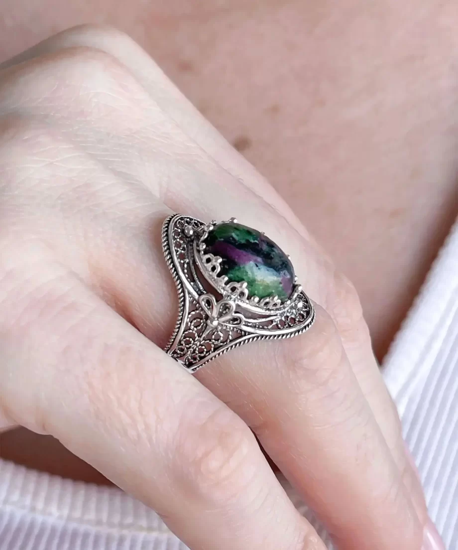 Ruby Zoisite Gemstone Filigree Art Woman Silver Statement Ring