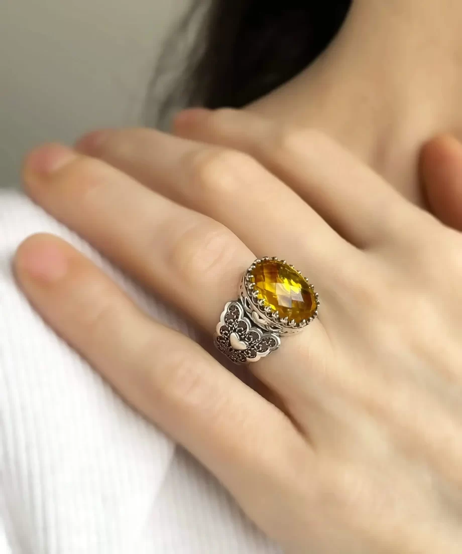 Citrine Gemstone Double Heart Detailed Filigree Art 925 Sterling Silver Women Statement Ring