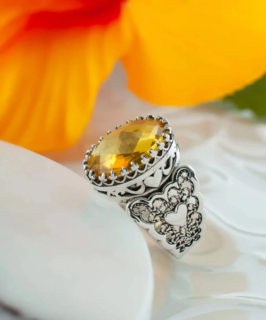 Citrine Gemstone Double Heart Detailed Filigree Art 925 Sterling Silver Women Statement Ring