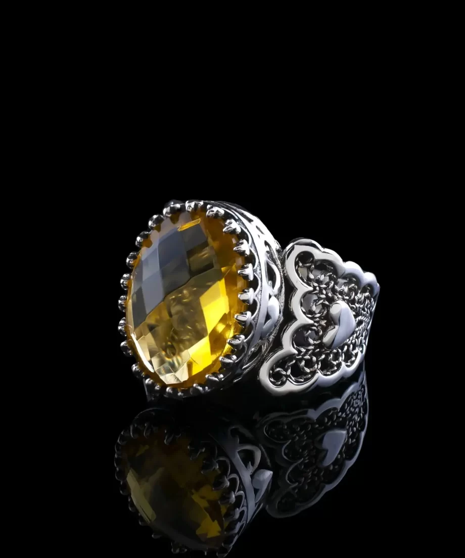 Citrine Gemstone Double Heart Detailed Filigree Art 925 Sterling Silver Women Statement Ring