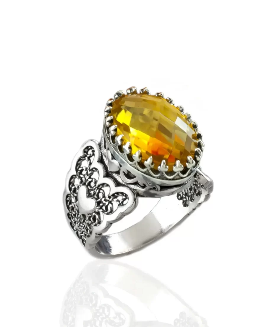 Citrine Gemstone Double Heart Detailed Filigree Art 925 Sterling Silver Women Statement Ring