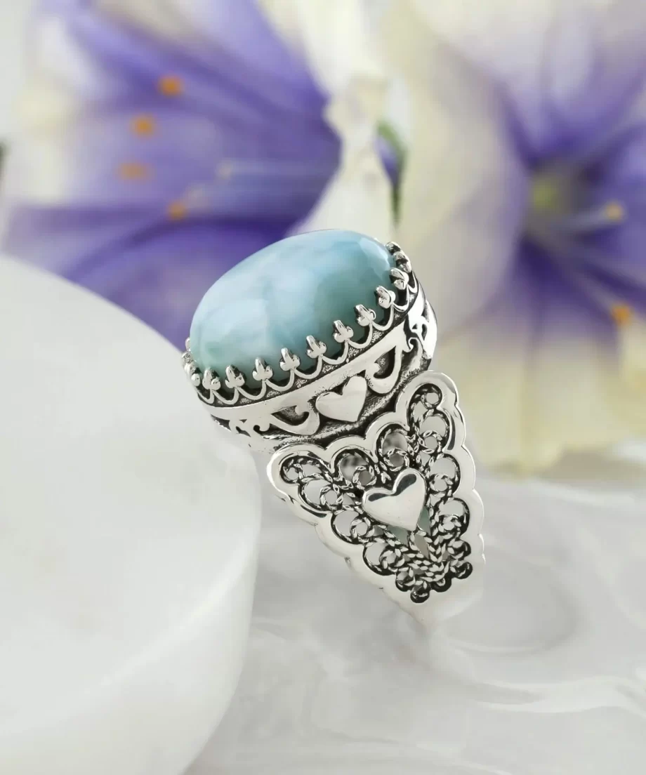 Larimar Gemstone Double Heart Detailed Filigree Art 925 Sterling Silver Women Statement Ring