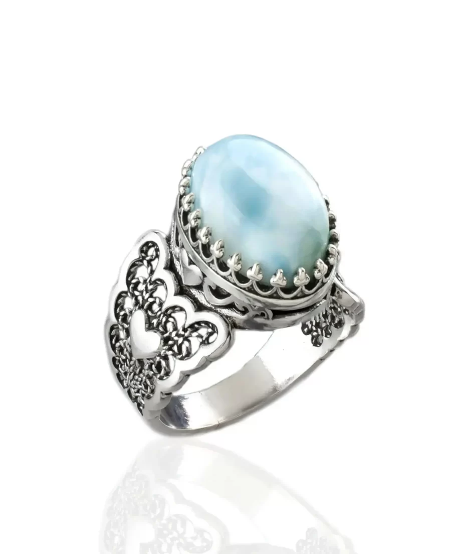 Larimar Gemstone Double Heart Detailed Filigree Art 925 Sterling Silver Women Statement Ring