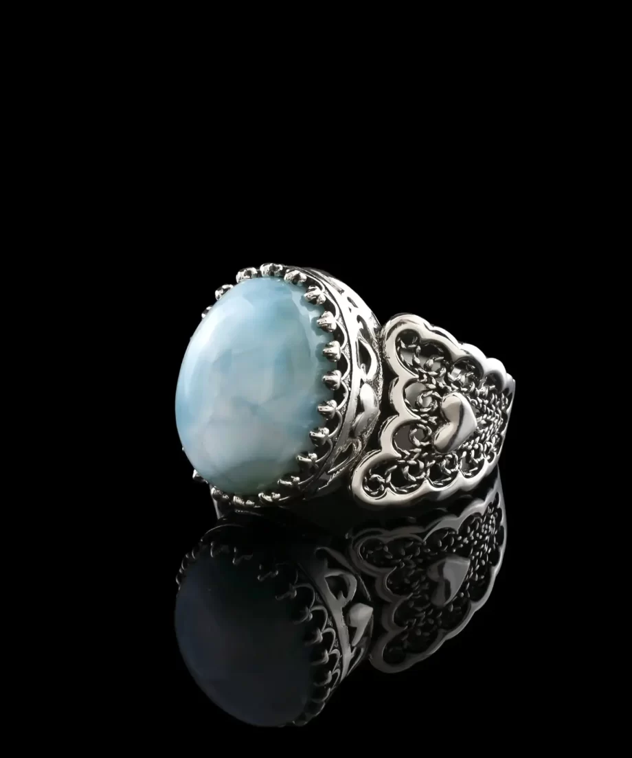 Larimar Gemstone Double Heart Detailed Filigree Art 925 Sterling Silver Women Statement Ring