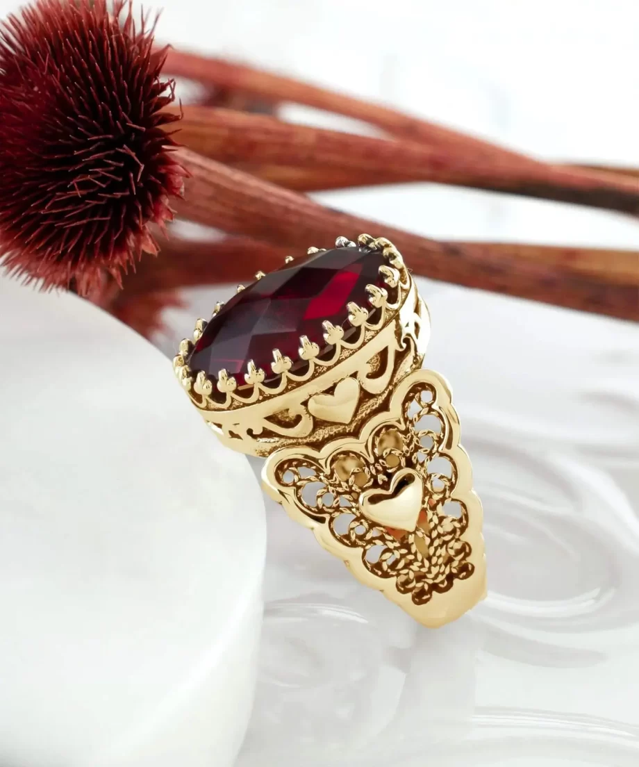 Double Heart Detailed Ruby Gemstone Filigree Art Gold Plated Sterling Silver Women Statement Ring