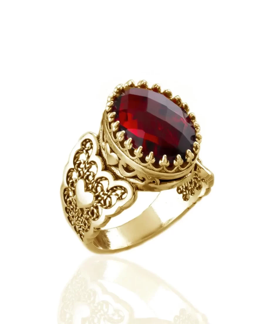 Double Heart Detailed Ruby Gemstone Filigree Art Gold Plated Sterling Silver Women Statement Ring