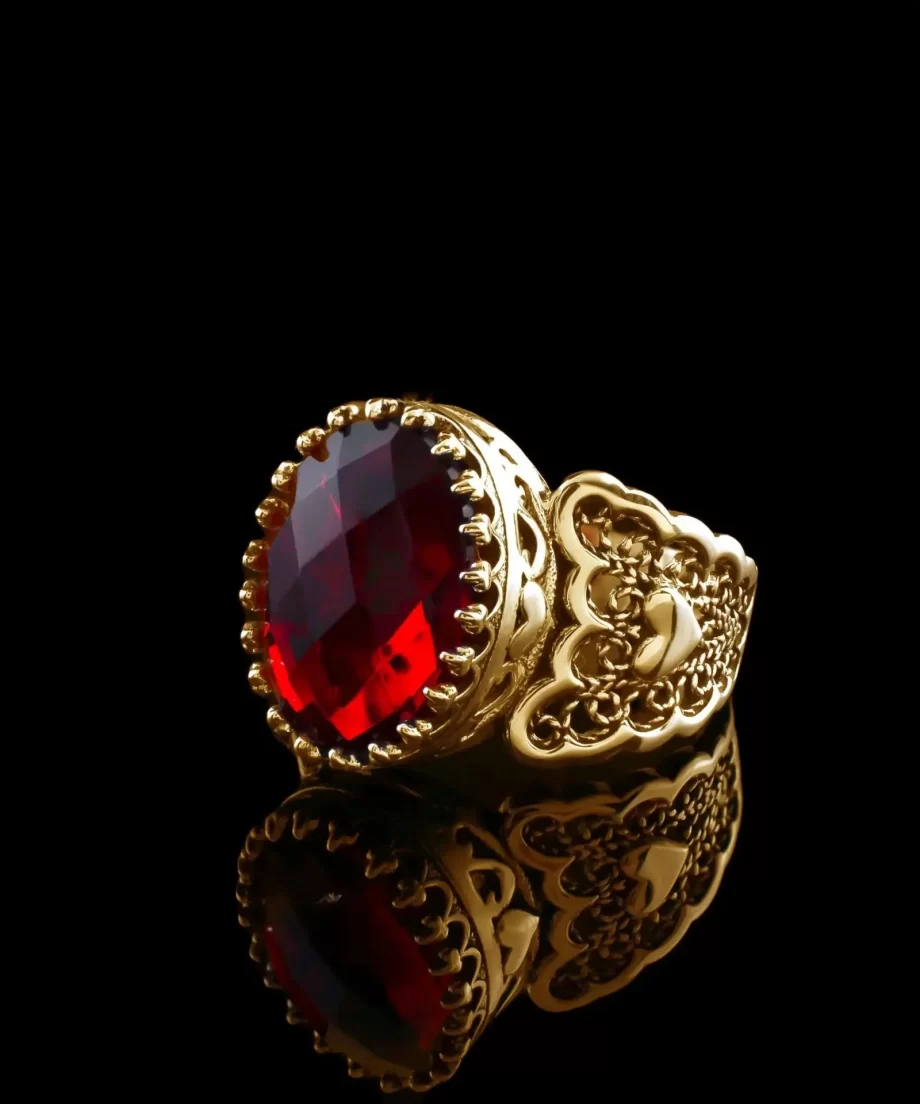 Double Heart Detailed Ruby Gemstone Filigree Art Gold Plated Sterling Silver Women Statement Ring