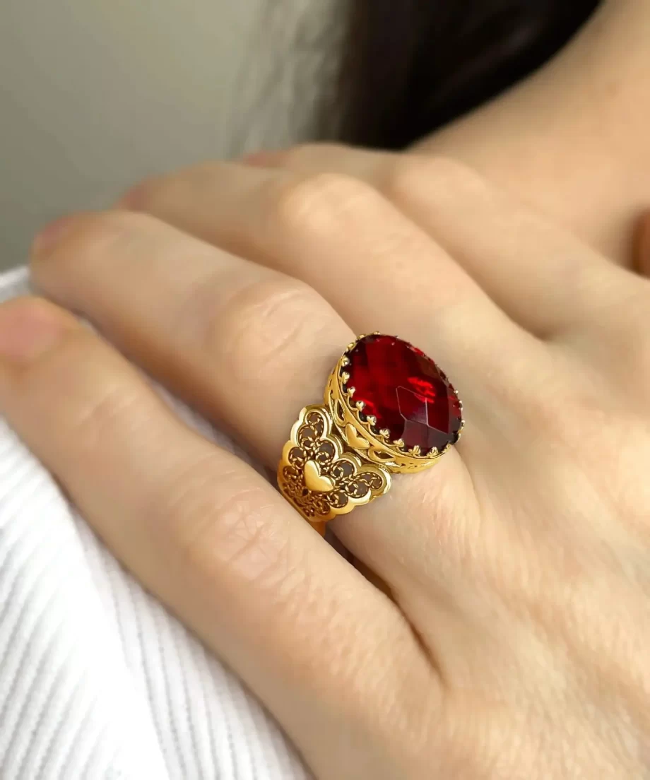 Double Heart Detailed Ruby Gemstone Filigree Art Gold Plated Sterling Silver Women Statement Ring