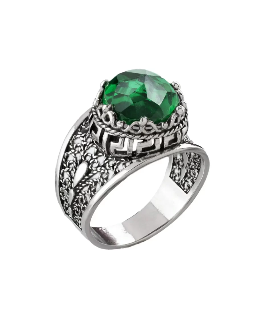 Meander Pattern Filigree Art Peridot Gemstone Women Silver Cocktail Ring