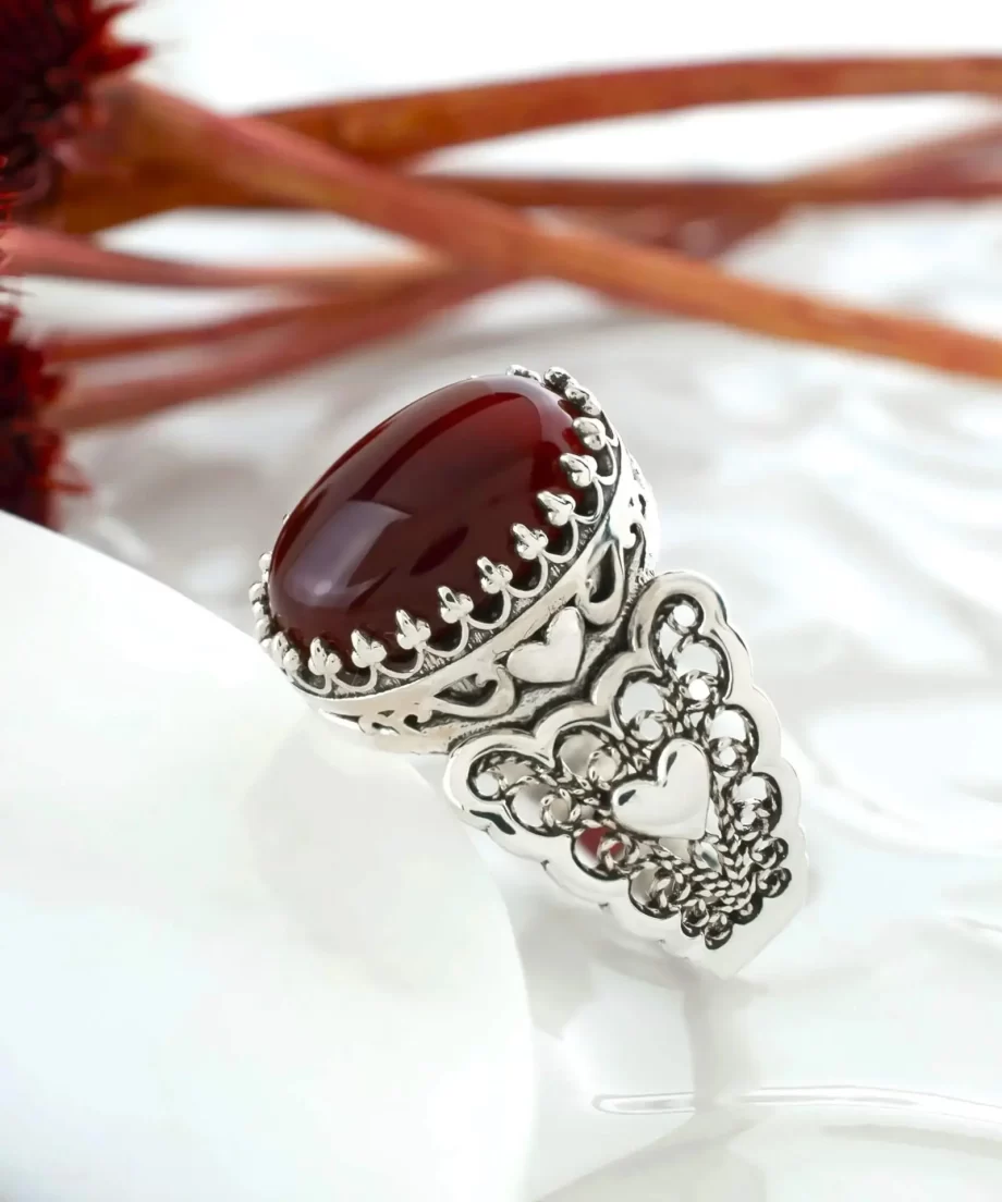 Carnelian Gemstone Double Heart Detailed Filigree Art 925 Sterling Silver Women Statement Ring