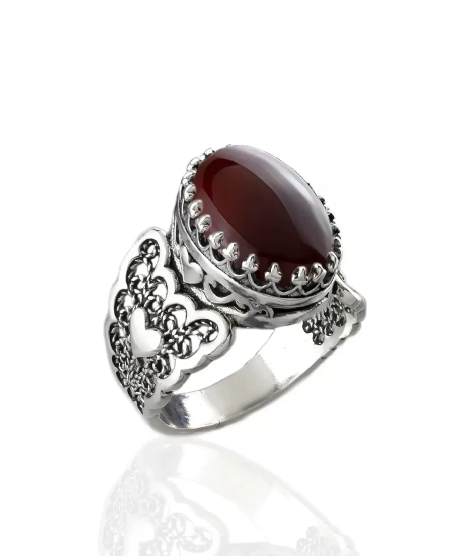 Carnelian Gemstone Double Heart Detailed Filigree Art 925 Sterling Silver Women Statement Ring