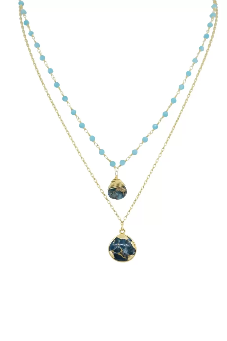 Double Jill Necklace with Gold Amazonite Chain and Teal Mojave Copper Turquoise Pendant