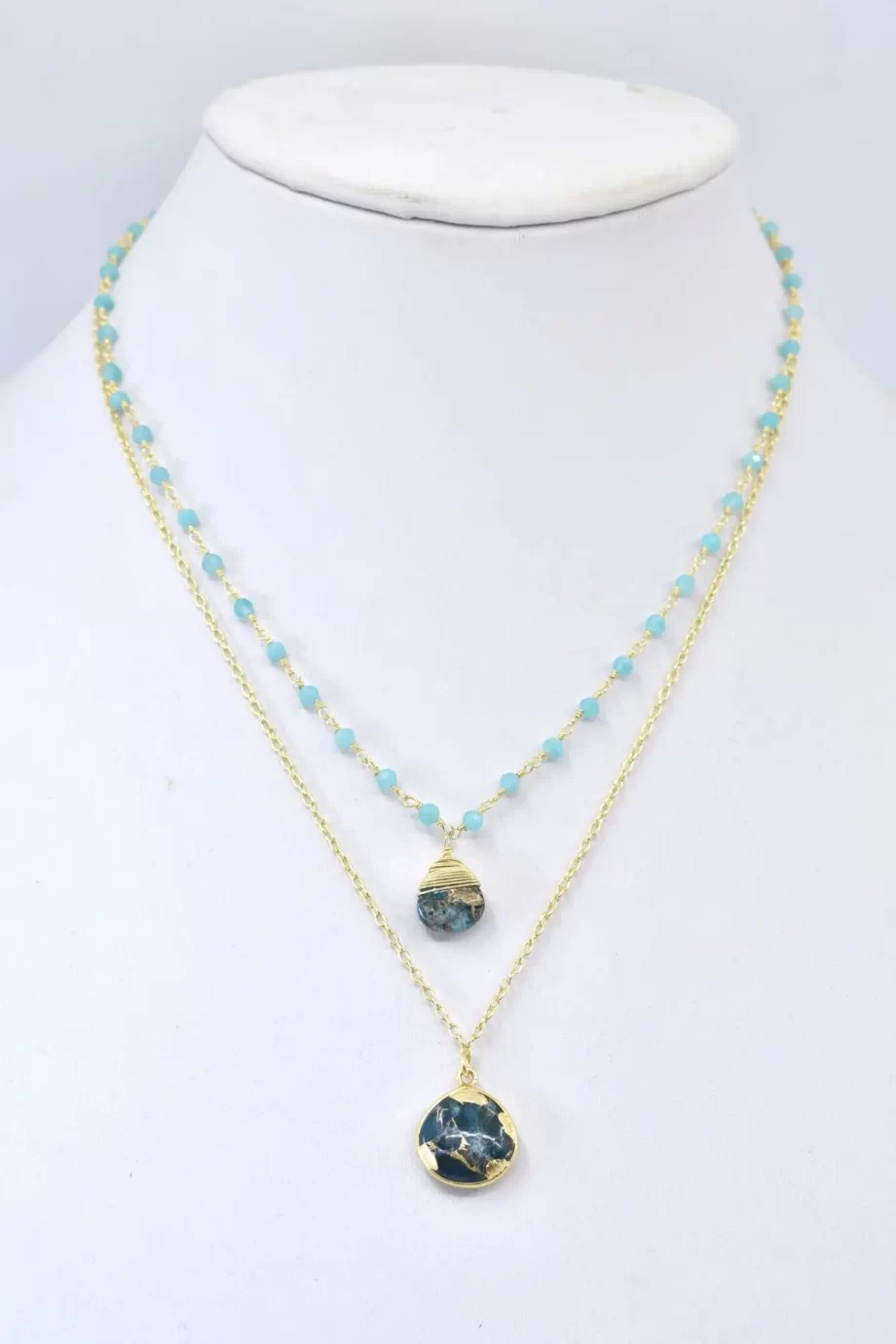 Double Jill Necklace with Gold Amazonite Chain and Teal Mojave Copper Turquoise Pendant