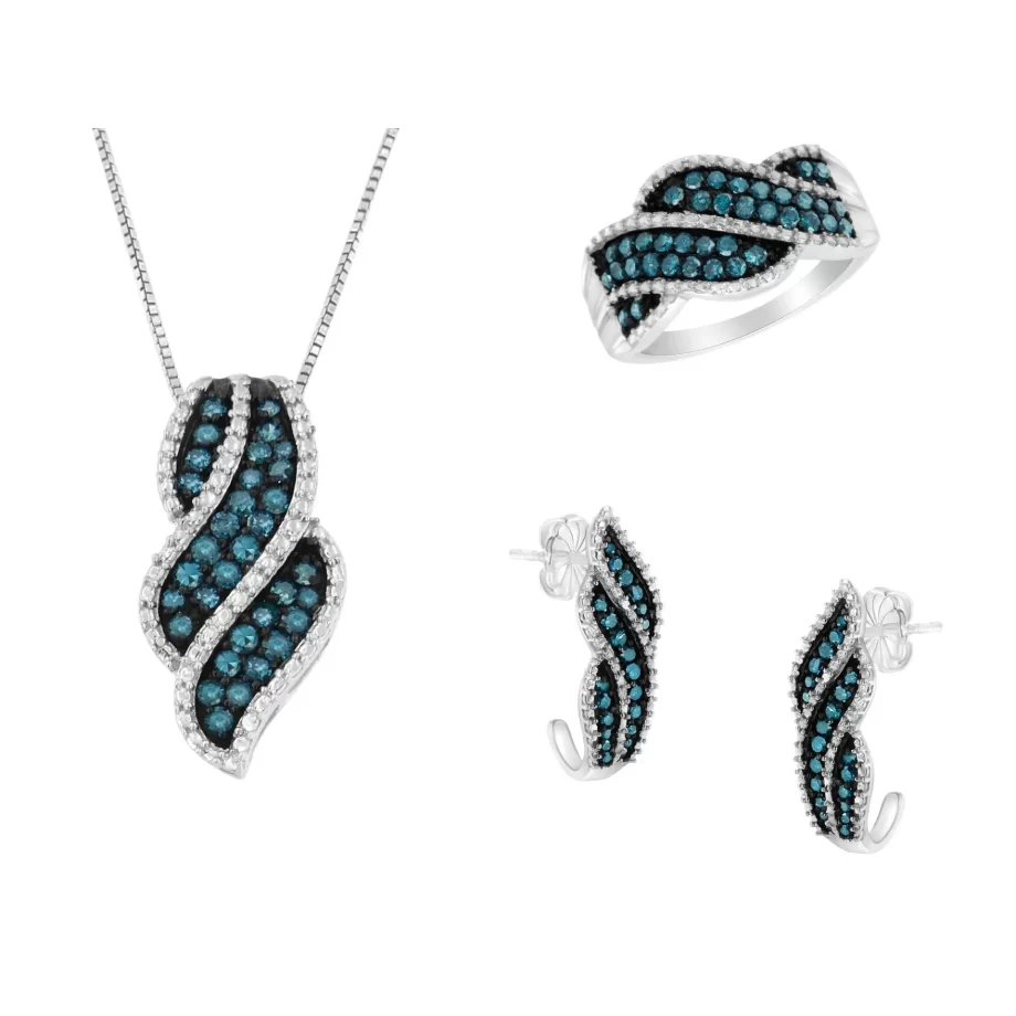 Rhodium over .925 Sterling Silver 1-1/2 Cttw Blue Diamond Pave Ring, 18" Pendant Necklace, & Earrings Set (Enhanced Color, I1-I2 Clarity)