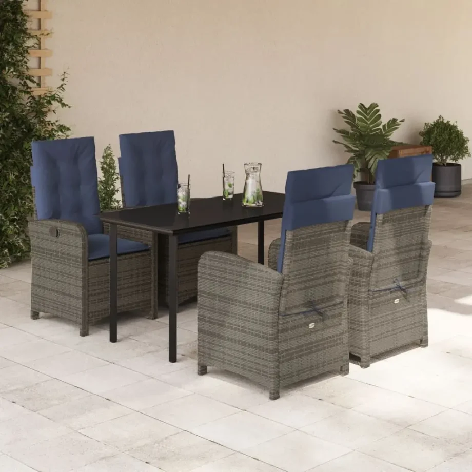 vidaXL 5 Piece Patio Dining Set with Cushions Gray Poly Rattan