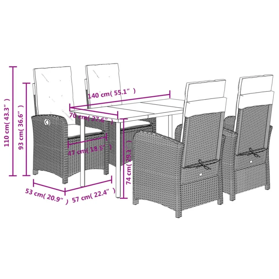 vidaXL 5 Piece Patio Dining Set with Cushions Gray Poly Rattan