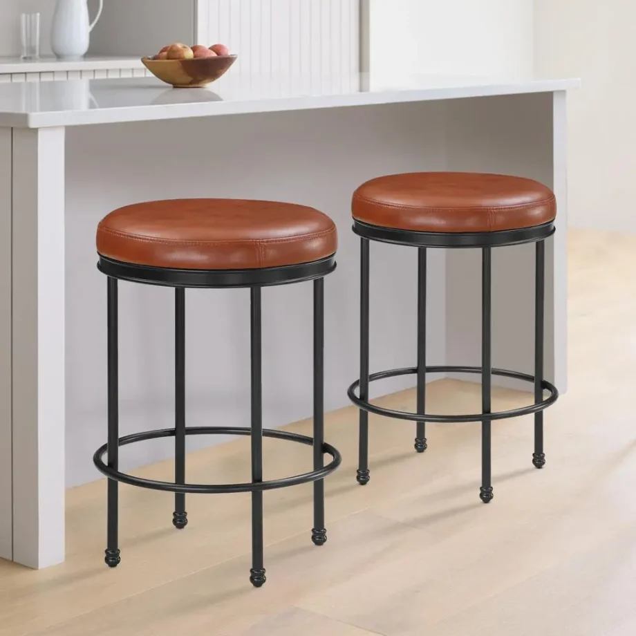 Montecarlo Caramel Faux Leather and Metal Backless Counter Height Stool