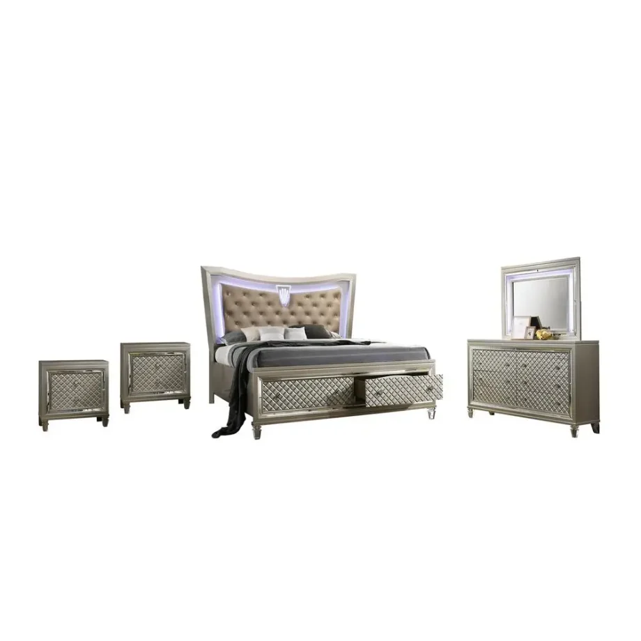 5PC Bedroom Set, Platform Panel Bed with LED Lit Headboard