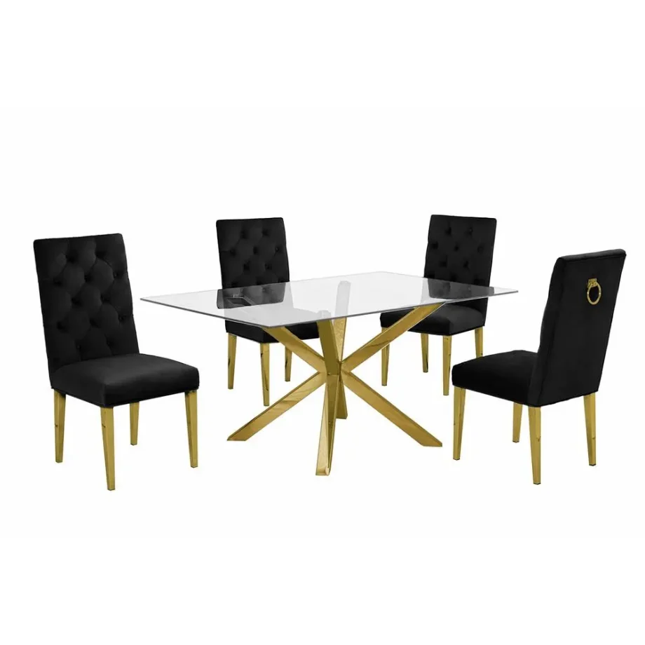 Contemporary 5pc Dining Set, Glass Dining Table w/Stainless Steel Gold Base & Velvet Tufted Chrome Leg Dining Chairs, Black