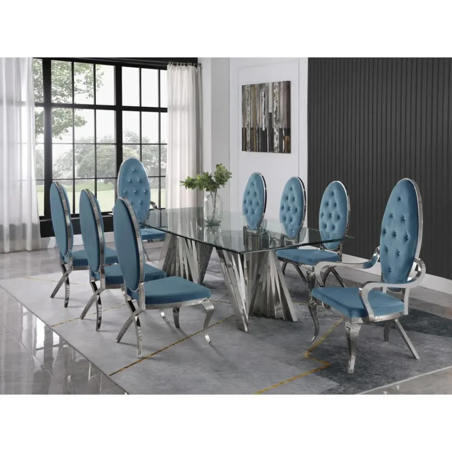 Classic 9pc Dining Set w/Uph Tufted Side/Arm Chair, Glass Table w/ Silver Spiral Base, Teal