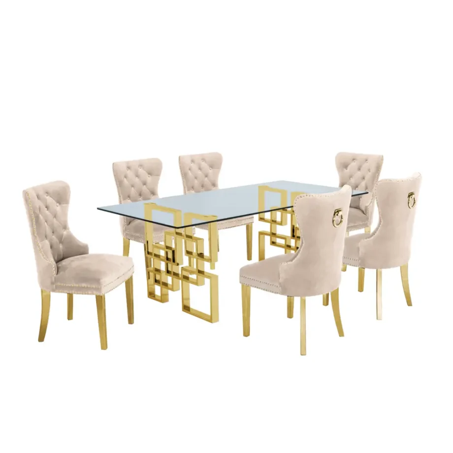 Classic 7 Piece Dining Set With Glass Table Top & Stainless Steel Legs w/Ring Handle, Beige